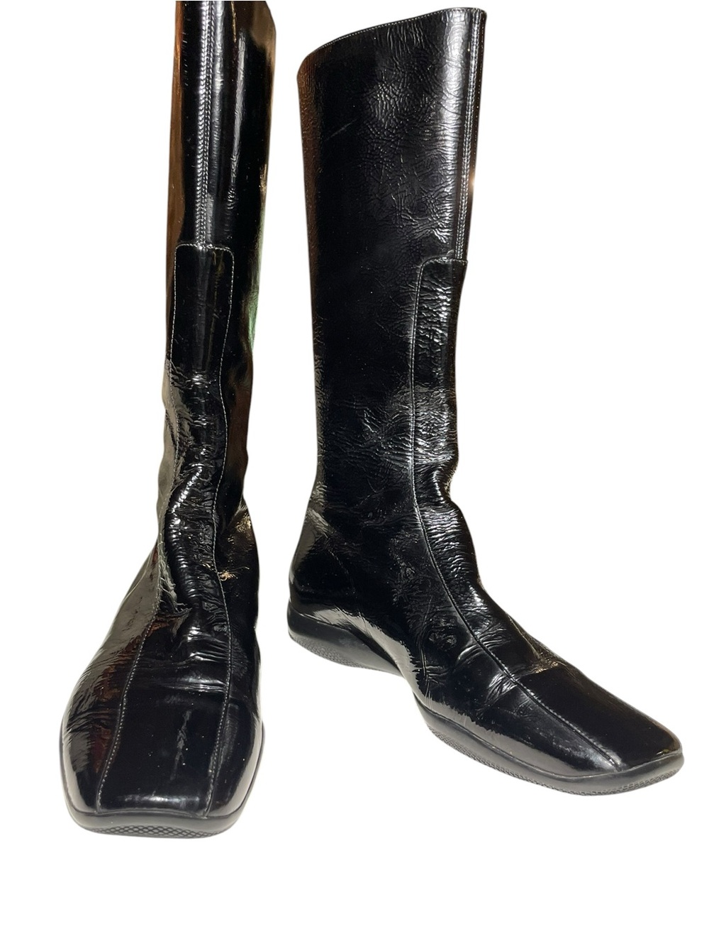 Prada Black Patent Tall Full Back Zip Low Heel Boots Womens Size 39 EU - Picture 4 of 16
